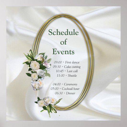 Poster Soie blanche luxueuse et fluide et roses blanches. (Devant)