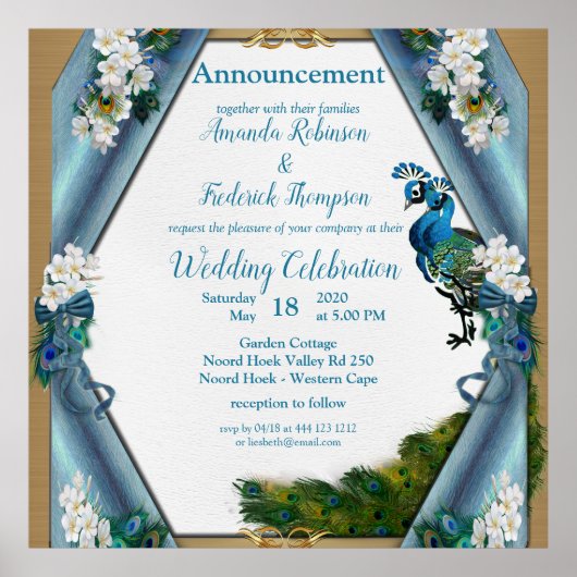 Poster Soie bleu-vert métallique - Plumes de Peacocks or (Devant)