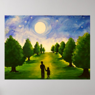Poster Soirée au clair de lune moderne avec arbres marcha
