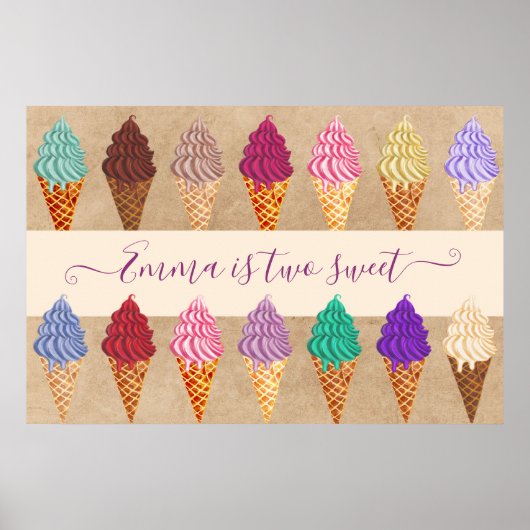 Poster Soirée Crème Glace Bébé Fille 2 ans Anniversaire (Devant)