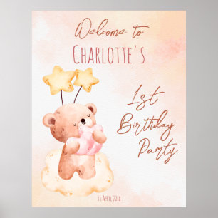 Poster Soirée d'anniversaire à l'ours en peluche sucré pe