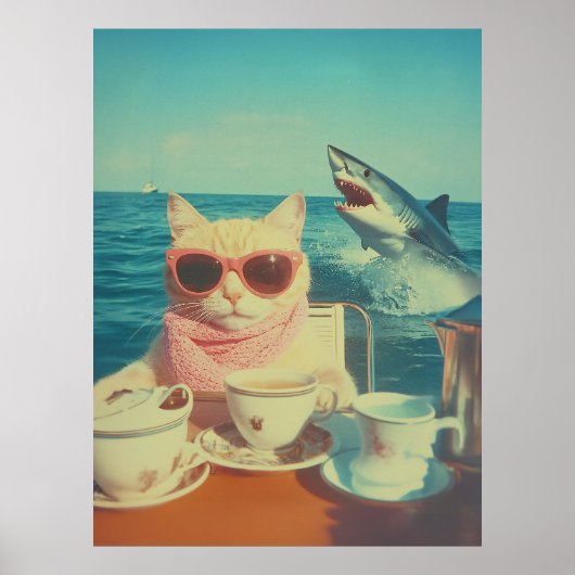 Poster Soirée de thé à l'océan de chats (Devant)