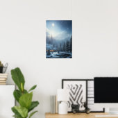 Poster Soirée hivernale enneigée, une maison confortable  (Bureau à domicile)