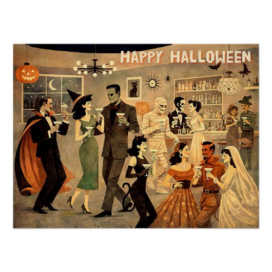 Poster Soirée Martini Halloween Rétro Milieu de Siècle 40 (Devant)