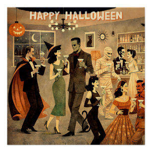 Poster Soirée Martini Halloween Rétro Milieu de Siècle 40