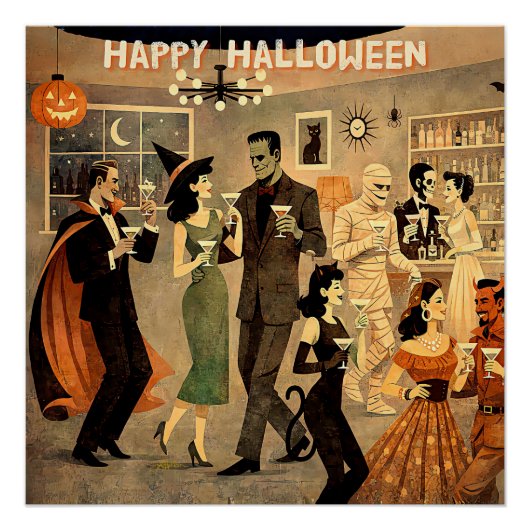 Poster Soirée Martini Halloween Rétro Milieu de Siècle 40 (Devant)