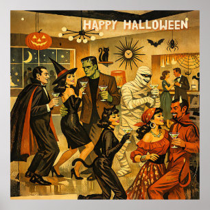 Poster Soirée Martini Halloween Rétro Milieu de Siècle 50