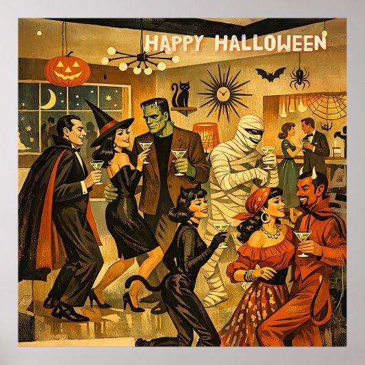 Poster Soirée Martini Halloween Rétro Milieu de Siècle 50 (Devant)