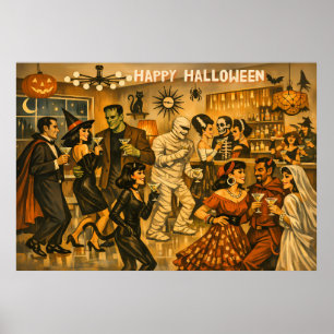 Poster Soirée Martini Halloween Rétro Milieu de Siècle 50
