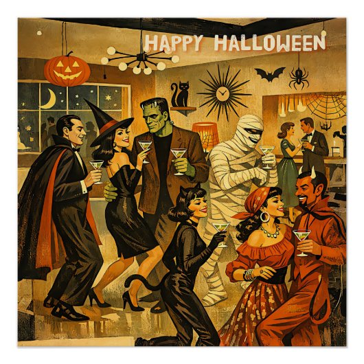 Poster Soirée Martini Halloween Rétro Milieu de Siècle 50 (Devant)