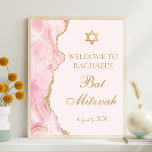 Poster Soirée personnalisée Bat mitzvah d'âge rose<br><div class="desc">Une agate rose et or chic orne le côté de cet élégant poster de bienvenue Bat mitzvah. Le nom de votre fille est écrit dans une belle écriture formelle sous l'Étoile de David. Décor parfait pour une famille juive chic célébrant une fille appelée à la Torah.</div>