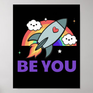 Poster Sois toi. Nuage de fusée arc-en-ciel avec coeur.