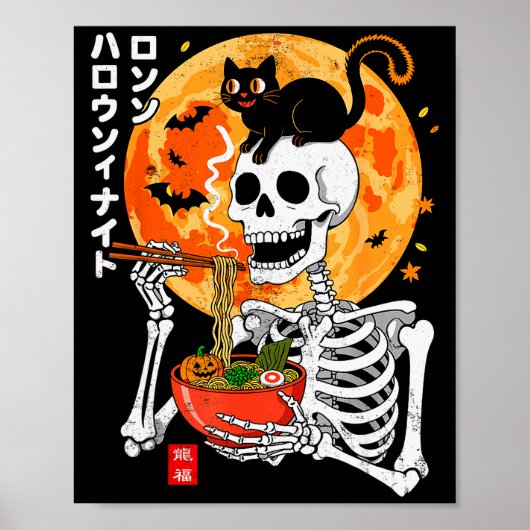 Poster Soky Skeleton Eating Ramen Bowl With Cat Halloween (Devant)