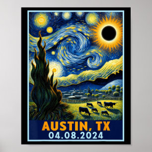 Poster Solar Eclipse 2024 Austin Texas Van Gogh Starry Ni