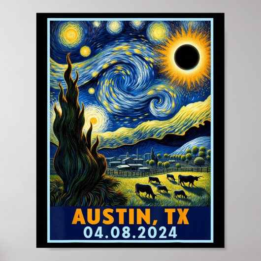 Poster Solar Eclipse 2024 Austin Texas Van Gogh Starry Ni (Devant)
