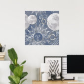 Poster Solar Mystique | Dusty Blue Silver Moon Stars Sun (Bureau à domicile)