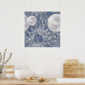 Poster Solar Mystique | Dusty Blue Silver Moon Stars Sun (Cuisine)