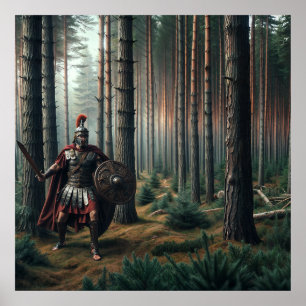 Poster Soldat romain effrayant dans la forêt verdoyante