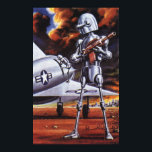 Poster Soldats de robots militaires de science-fiction vi<br><div class="desc">Illustration vintage photo robot militaire de Science Fiction. Un soldat alien hostile tenant un fusil et se tenant devant un aéronef militaire ou un avion avec une étoile. Il est sur une planète désolée prête à entrer en guerre avec la fumée, le feu et les explosions. Il est temps de...</div>