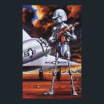 Poster Soldats de robots militaires de science-fiction vi<br><div class="desc">Illustration vintage photo robot militaire de Science Fiction. Un soldat alien hostile tenant un fusil et se tenant devant un aéronef militaire ou un avion avec une étoile. Il est sur une planète désolée prête à entrer en guerre avec la fumée, le feu et les explosions. Il est temps de...</div>