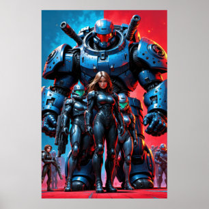 Poster soldats futuristes et robot blindé dans une scienc