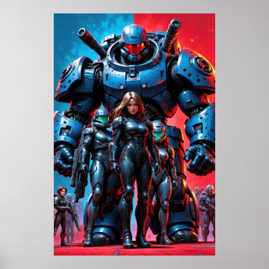 Poster soldats futuristes et robot blindé dans une scienc (Devant)