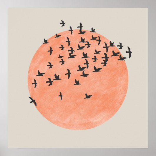 Poster Soleil avec troupeau d'oiseaux (Devant)