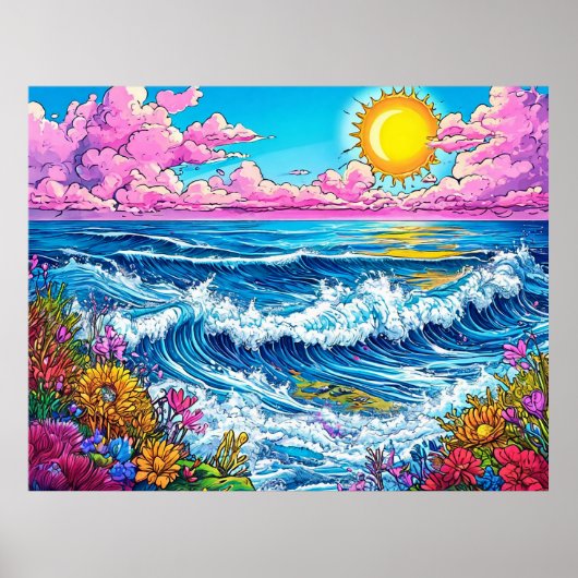 Poster Soleil brillant illuminant les vagues de l'océan (Devant)