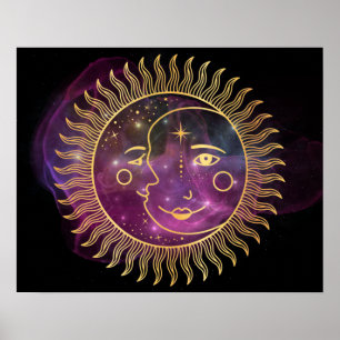 Poster Soleil céleste pourpre et lune