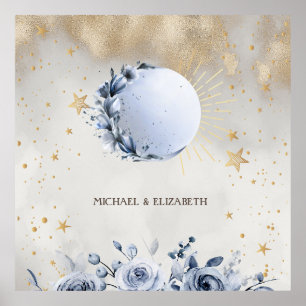 Poster Soleil Doré Céleste, Roses de Lune Bleue Étoiles D