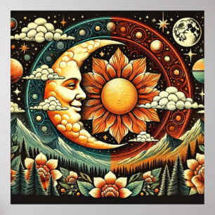 Poster Soleil et Lune Fantaisistes dans un Cosmos Surréal
