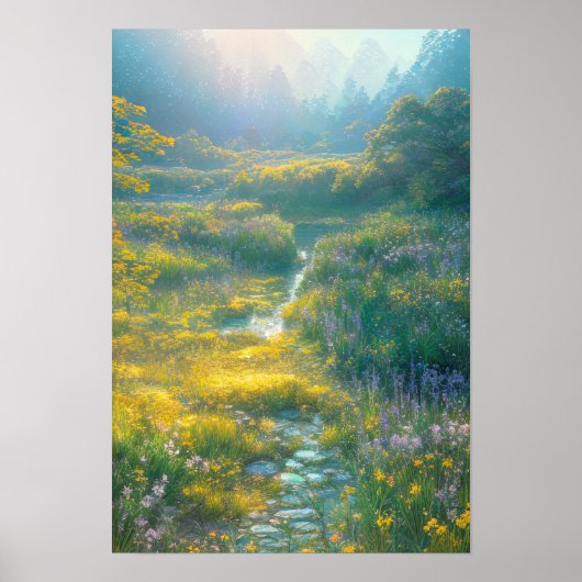 Poster Soleil matinal au-dessus d'un marais vert verdoyan (Devant)