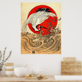 POSTER SOLEIL ROUGE, CRANE DE VOL JAPONAISE ET VAGUES MAR (Cuisine)