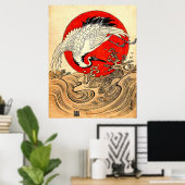 POSTER SOLEIL ROUGE, CRANE DE VOL JAPONAISE ET VAGUES MAR (Bureau à domicile)