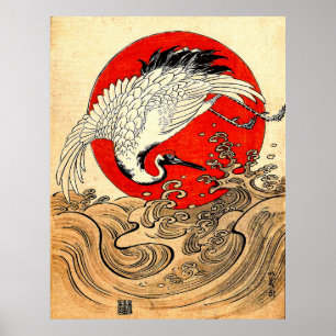 POSTER SOLEIL ROUGE, CRANE DE VOL JAPONAISE ET VAGUES MAR