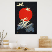 POSTER SOLEIL ROUGE, CRANS DE VOL JAPONAIS, VAGUES DE MER (Cuisine)
