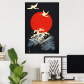POSTER SOLEIL ROUGE, CRANS DE VOL JAPONAIS, VAGUES DE MER (Bureau à domicile)