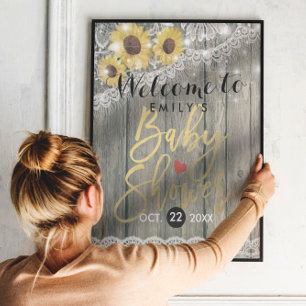 Poster Soleil Tournesol Bois Rustique Baptême Bienvenue