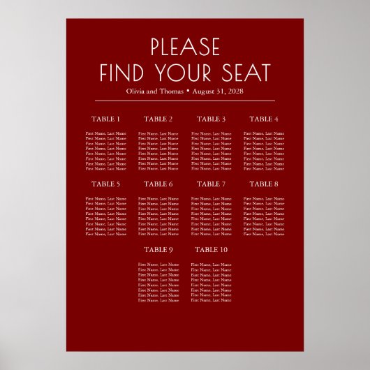 Poster Solid Burgundy Red Modern Wedding Seating Chart (Devant)