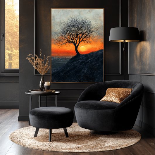 Poster Solitaire Arbre Coucher de soleil au charbon et to