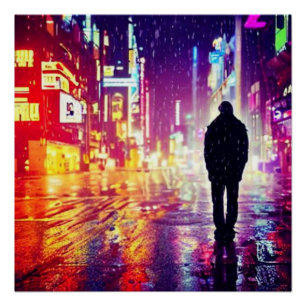 Poster Solitaire Cyberpunk Dans La Pluie