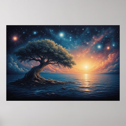 Poster Solitary Tree on Ocean at Sunset 🌅 Starry Fantasy (Devant)