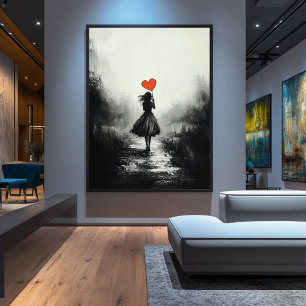 Poster Solitude Vintage – Fille au ballon en forme de cœu