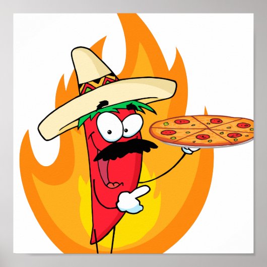 Poster Sombrero Chile Pepper Holding Pizza (Devant)
