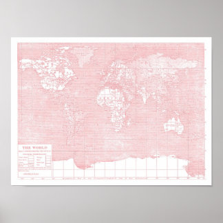 Poster Son monde ~ Carte du monde Vintage rose