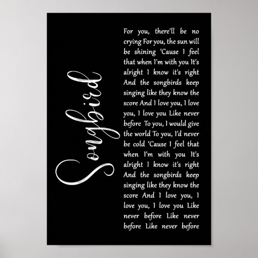 Poster Songbird Black Script Chanson Lyric Wall Art Impri (Devant)