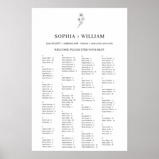 Poster Sophia Elegant Alphabetical Seating Chart (Devant)