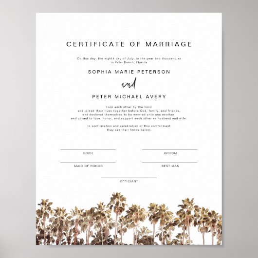 Poster SOPHIA Tropical Beach Palm Certificat de mariage P (Devant)