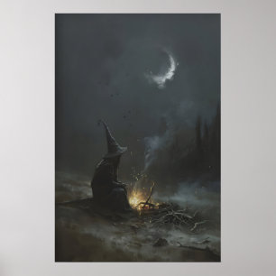 Poster Sorcière alchimiste solitaire la nuit, Dark Fantas