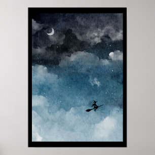 Poster Sorcière aquarelle sur un ciel nocturne sombre